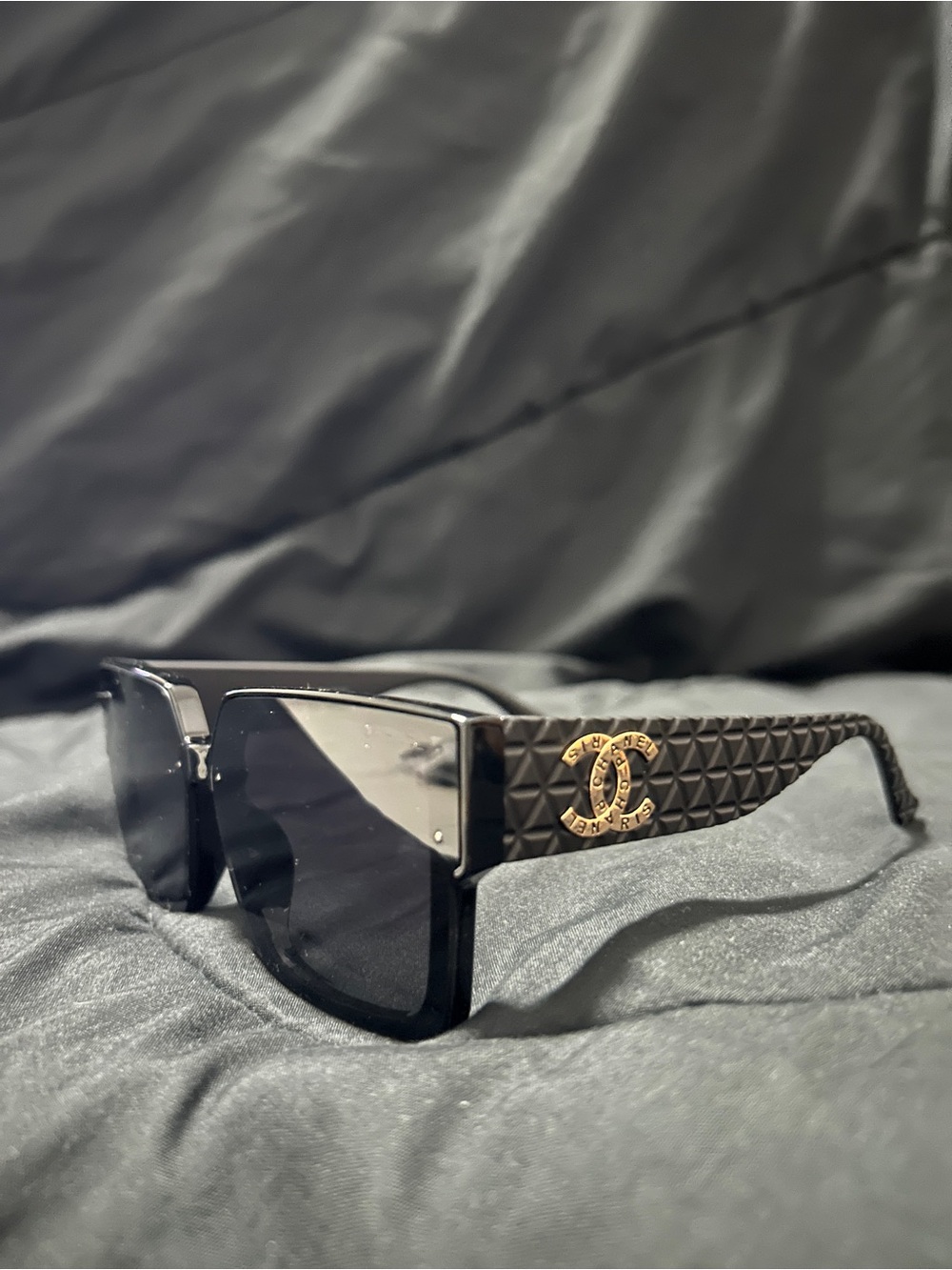 CHANEL Black Quilted-Temple Rectangular Sunglasses with Gold CC Logo